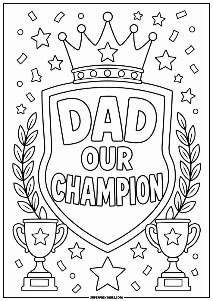 Champion dad shield coloring page with trophies and laurel branches.