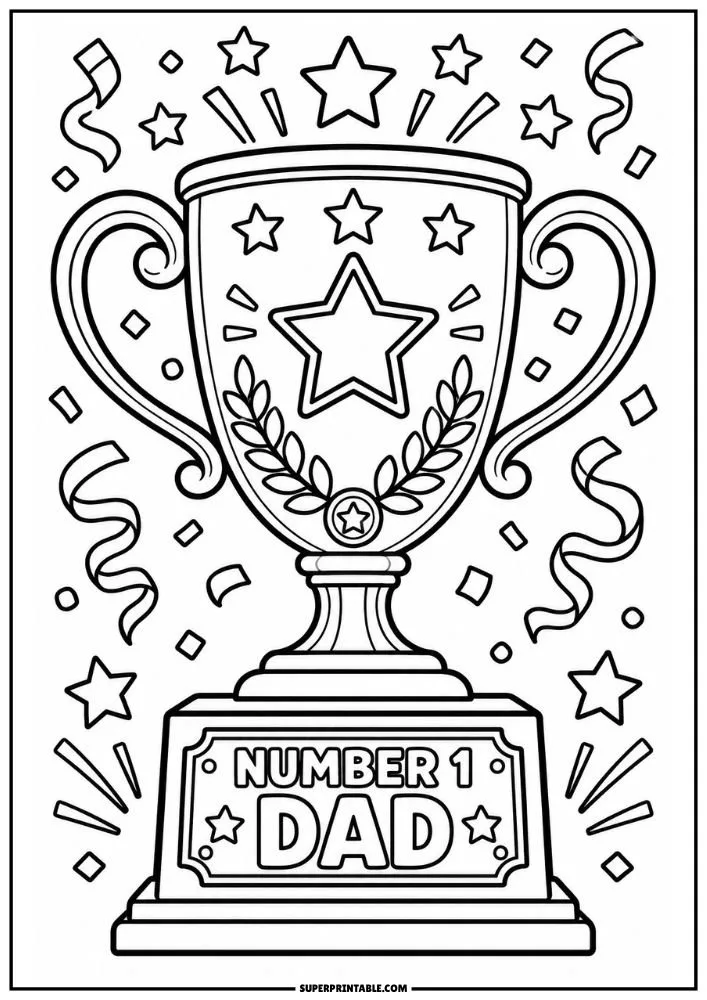 Trophy coloring page with Number 1 Dad message and festive decorations.