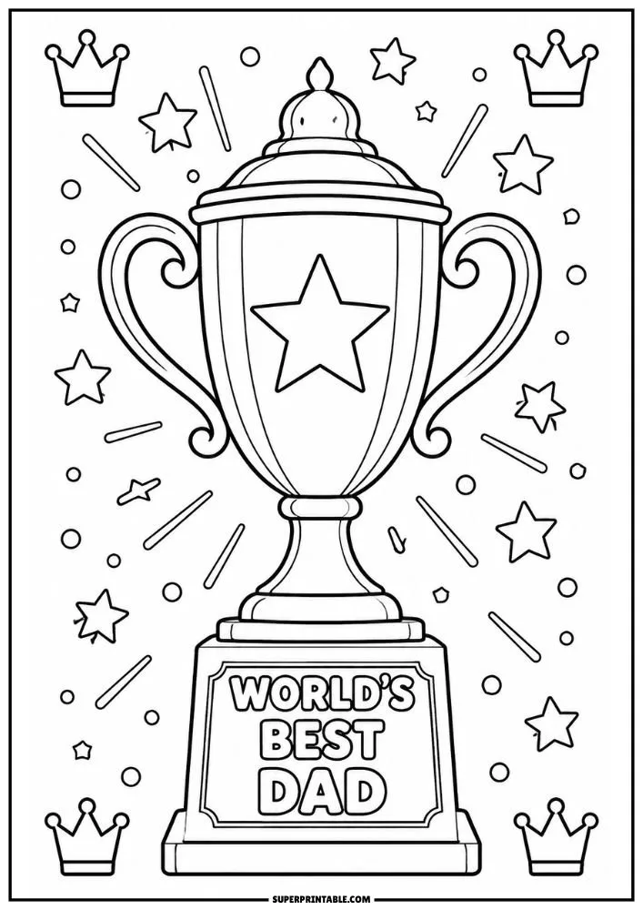 Large trophy coloring page with World’s Best Dad text and star decorations.
