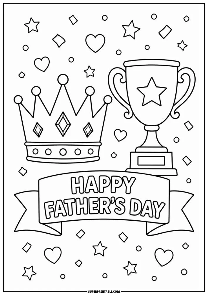 Happy Father’s Day coloring page with trophy, crown, and decorative banner.