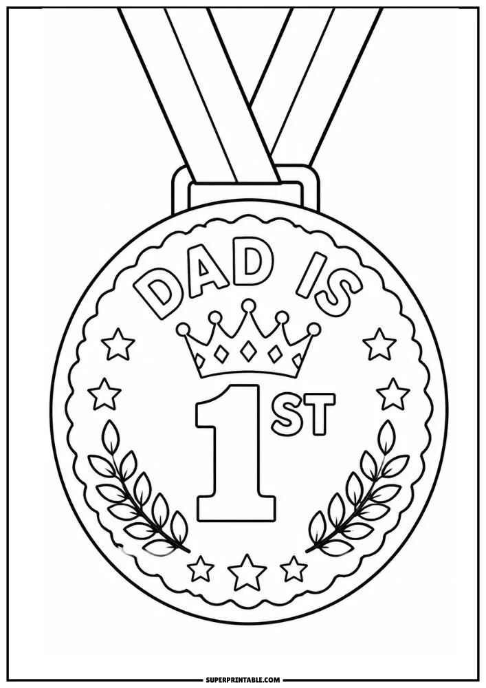 Number one dad medal coloring page with ribbon and laurel design.