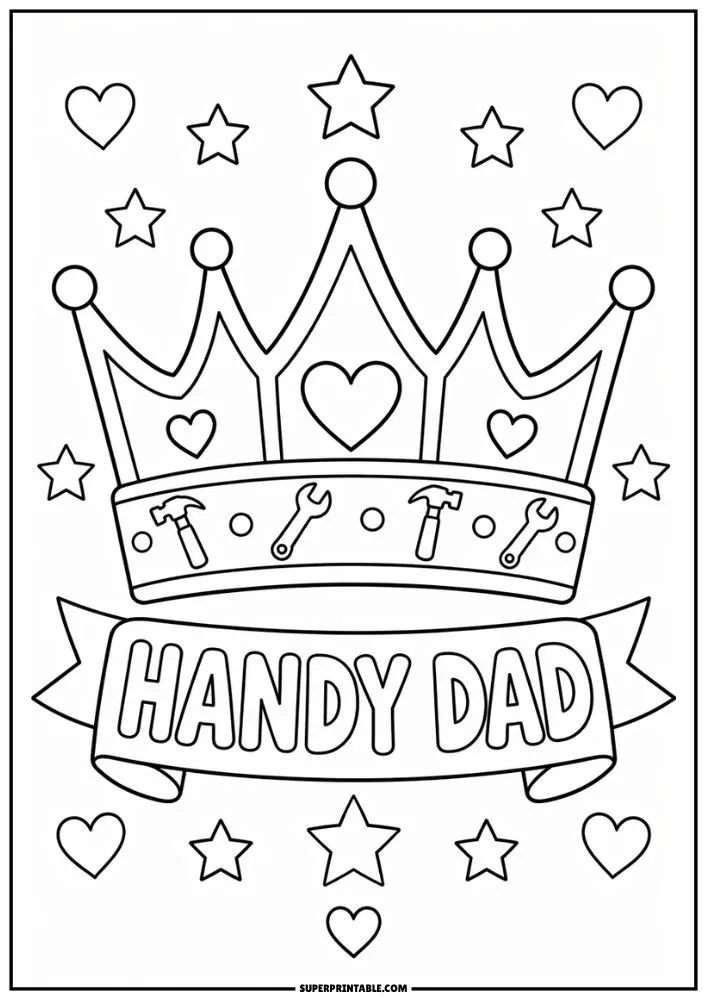 Handy Dad coloring page with tool-themed crown and ribbon banner.