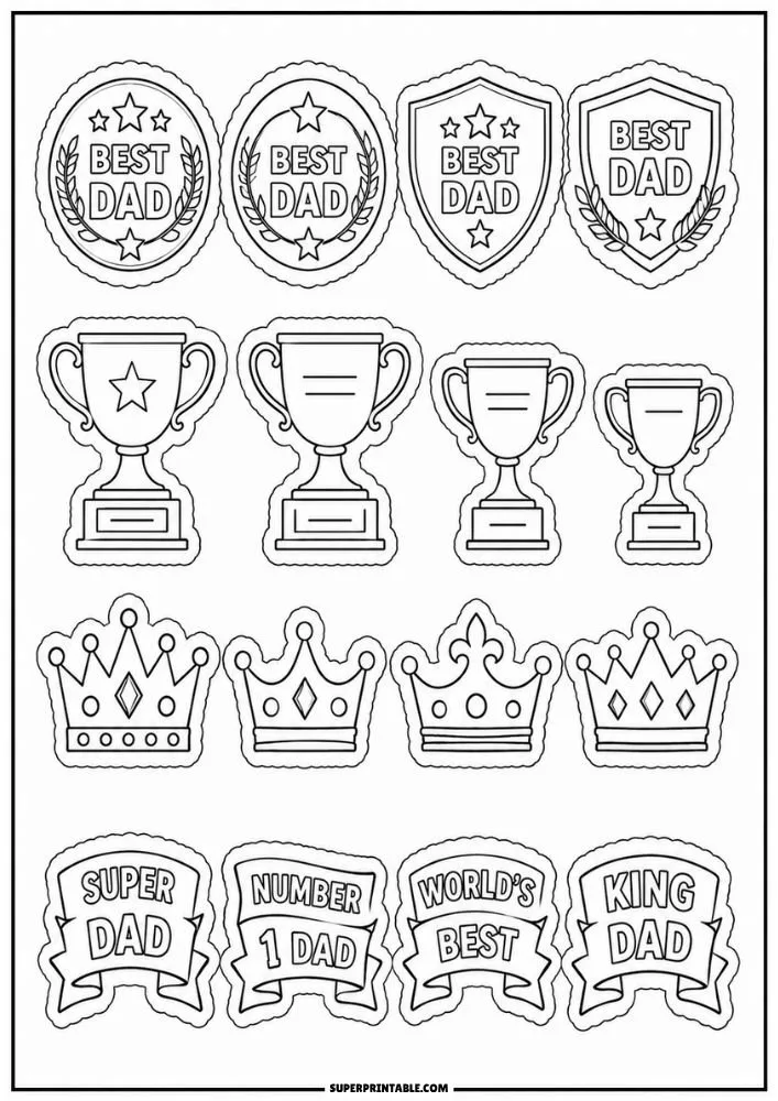 Black-and-white Father’s Day sticker sheet with trophies, crowns, award badges, and celebratory dad-themed labels.
