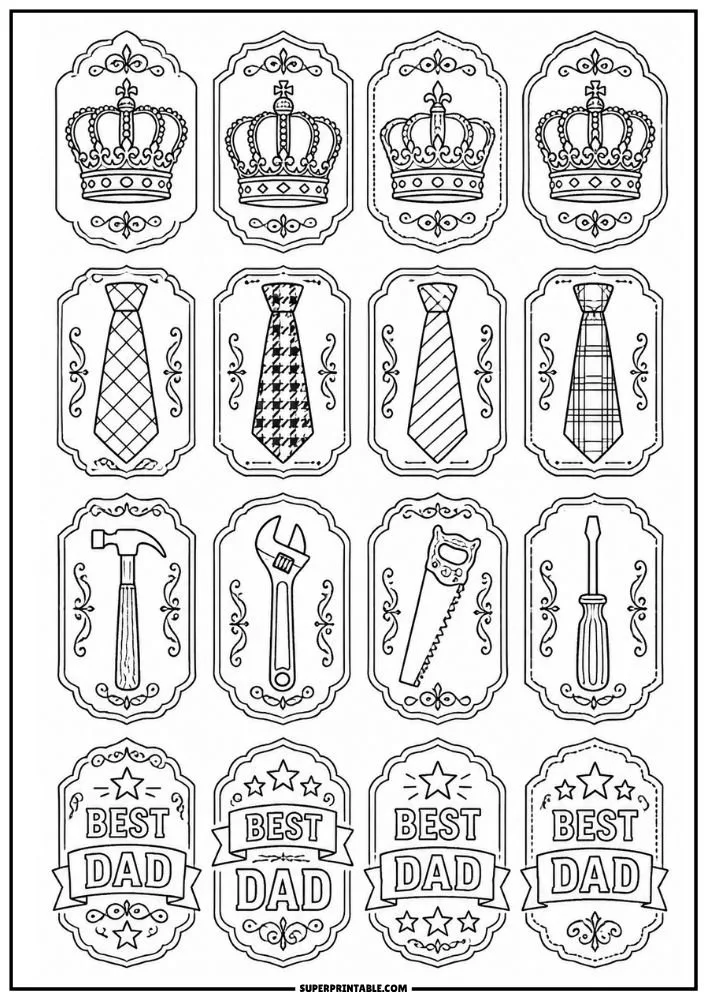 Vintage-style Father’s Day sticker sheet with crowns, ties, tools, and decorative Best Dad award labels.