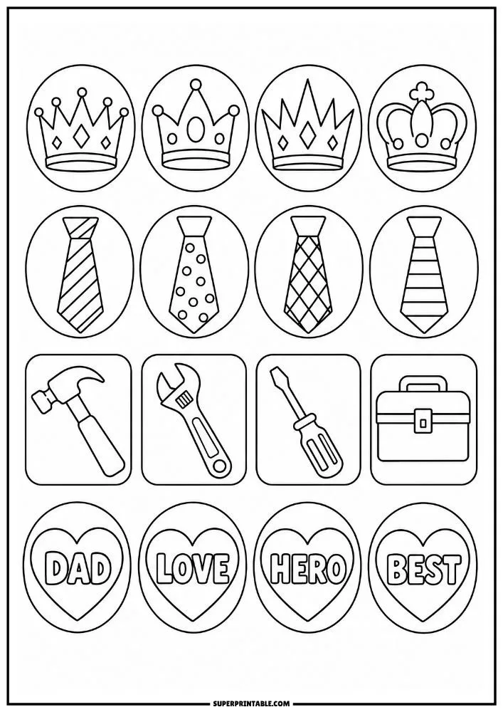 Printable Father’s Day icons featuring crowns, ties, tools, briefcase, and heart badges with positive words.