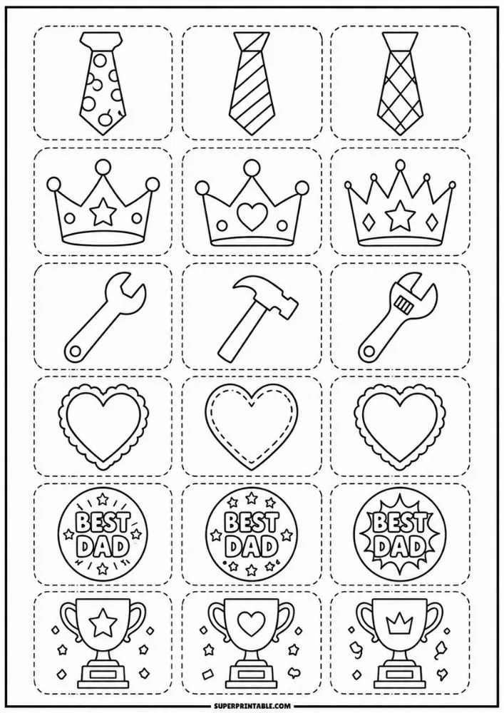 Grid-style Father’s Day sticker sheet with crowns, ties, tools, hearts, trophies, and Best Dad badges.