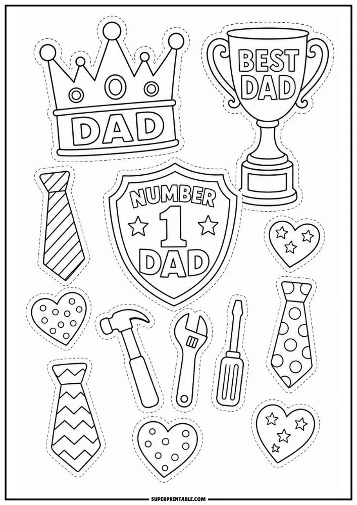 Father’s Day sticker page featuring crowns, trophies, hearts, ties, hammer, wrench, and screwdriver designs.