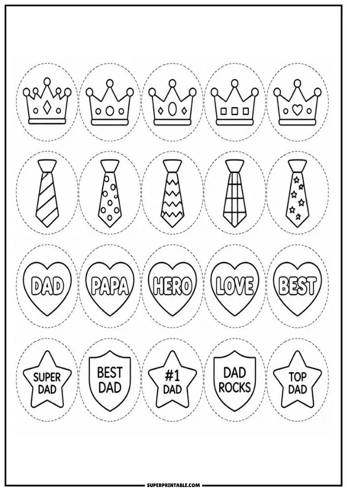 Oval and badge-shaped Father’s Day stickers with crowns, ties, hearts, and dad appreciation messages.