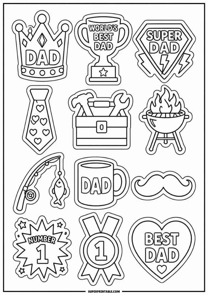 Coloring sticker sheet with classic dad-themed items including tools, grilling, fishing, awards, and superhero symbols.