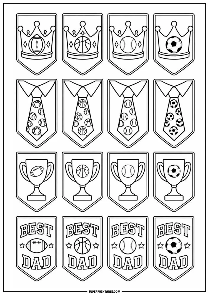 Adorable Father’s Day sticker sheet with smiling crowns, ties, tools, toolbox, and heart designs.