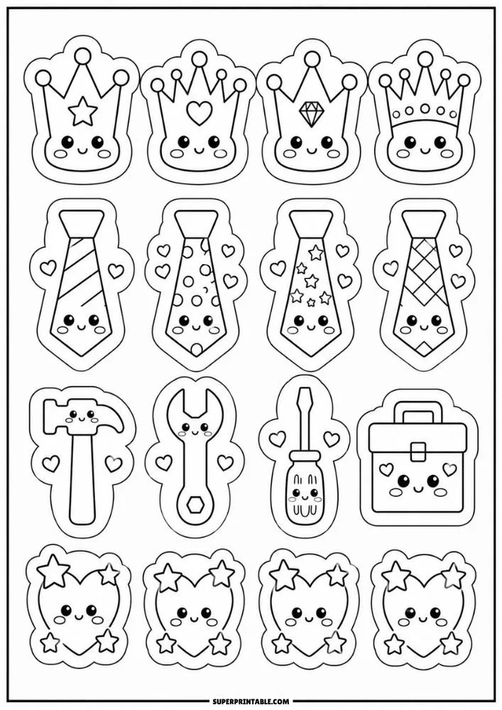 Large Father’s Day stickers with crowns, trophies, tools, coffee mug, mustache, medal, and Super Dad messages.