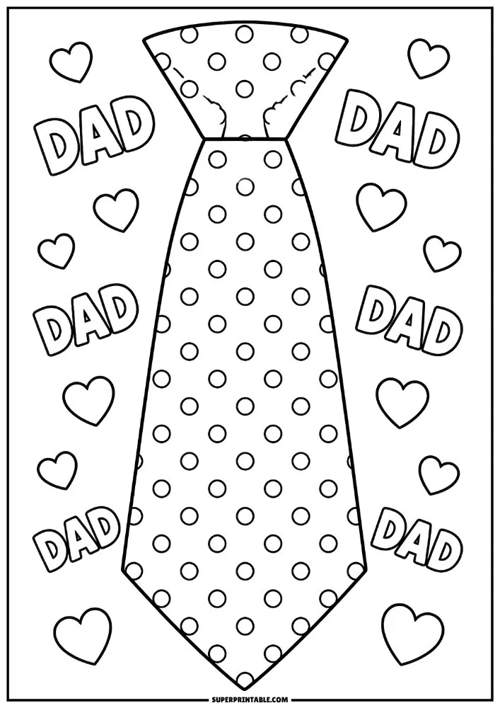 Polka-dot tie with hearts and repeated Dad text for Father’s Day coloring.
