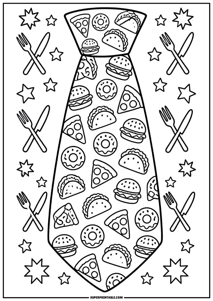 Tie covered with burgers, tacos, pizza slices, donuts, stars, and utensils.