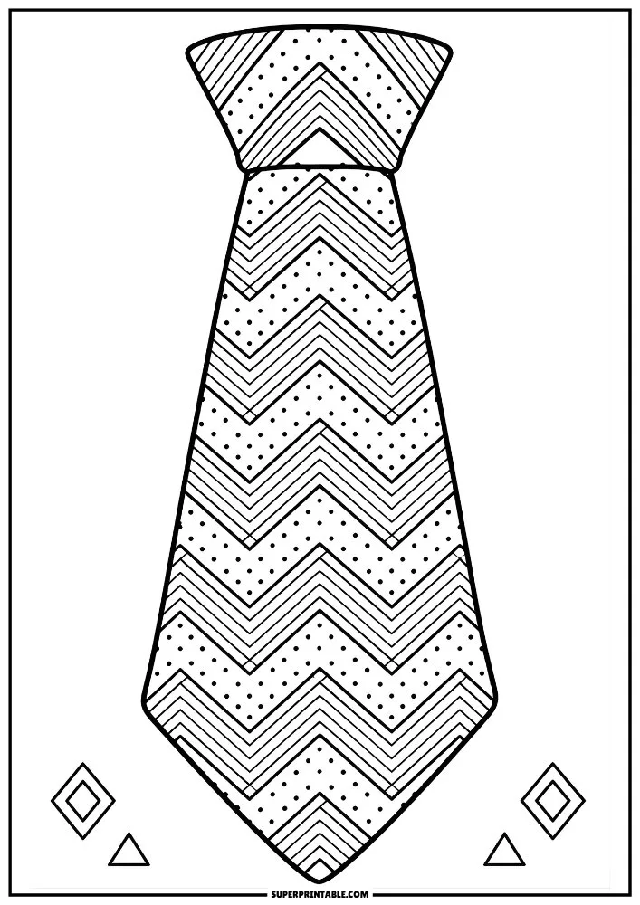 Geometric tie with chevron patterns, dots, and simple shapes.
