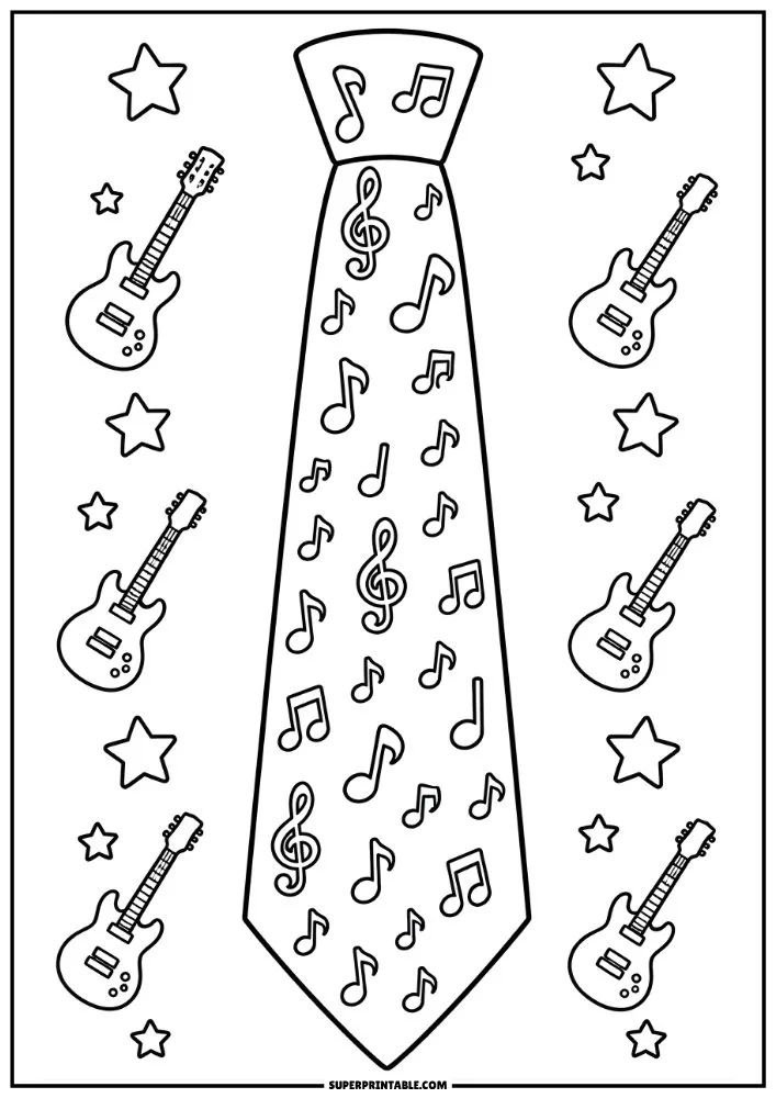 Tie decorated with music notes, treble clefs, guitars, and stars.
