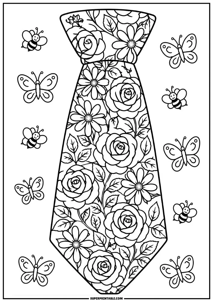 Floral tie with roses, flowers, butterflies, bees, and leafy designs.