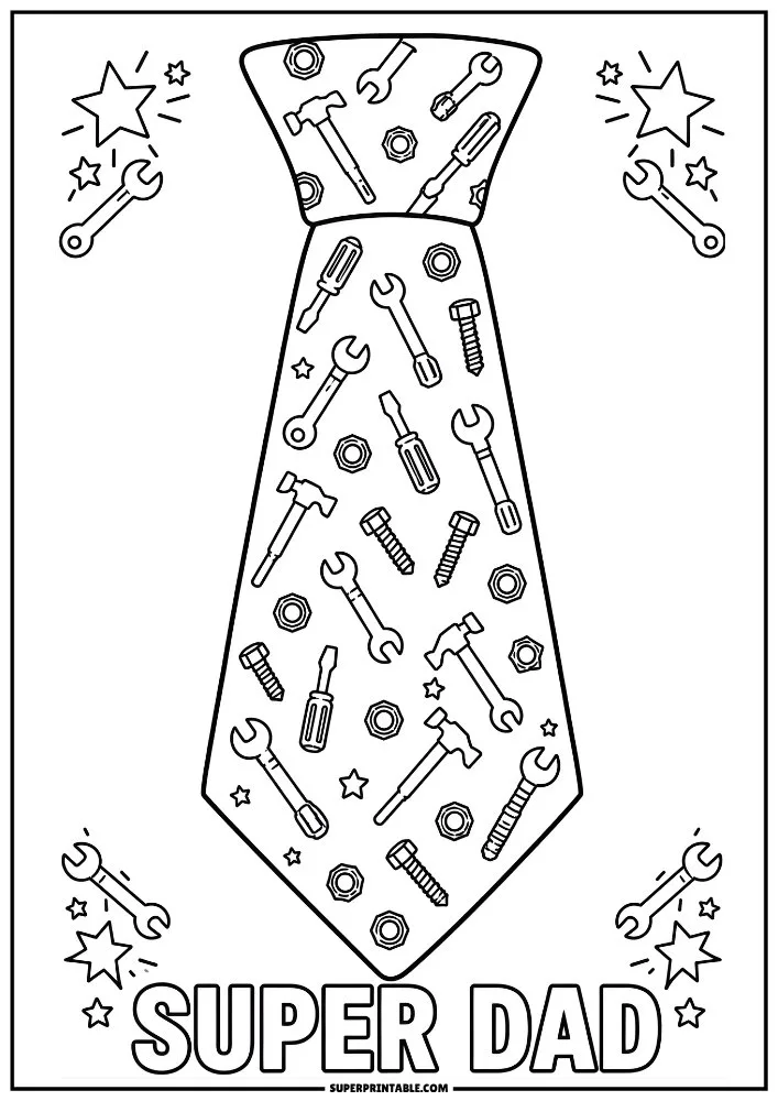 Tool-themed tie with hammers, wrenches, screws, nuts, and Super Dad text.