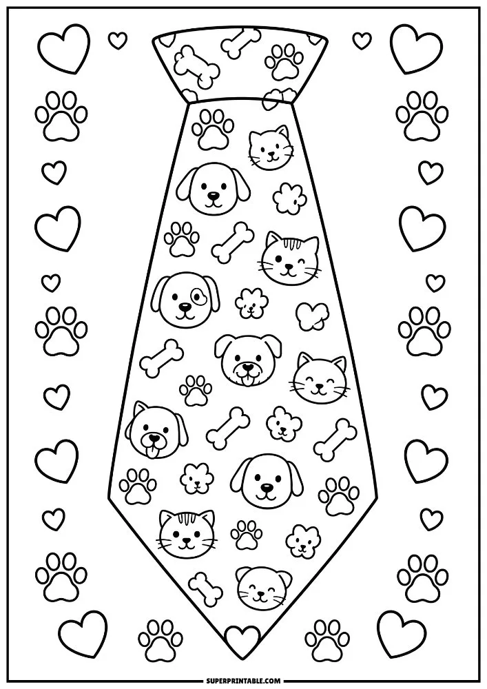 Tie decorated with cats, dogs, paw prints, bones, hearts, and pet-themed designs.