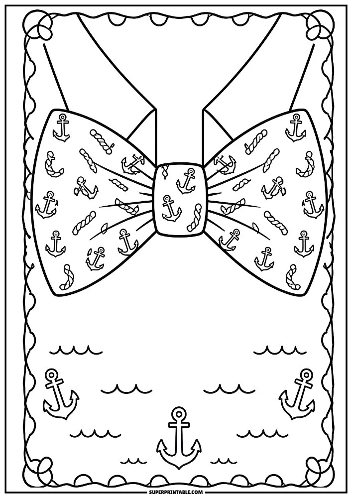 Nautical bow tie with anchors, ropes, and wave elements around the page.