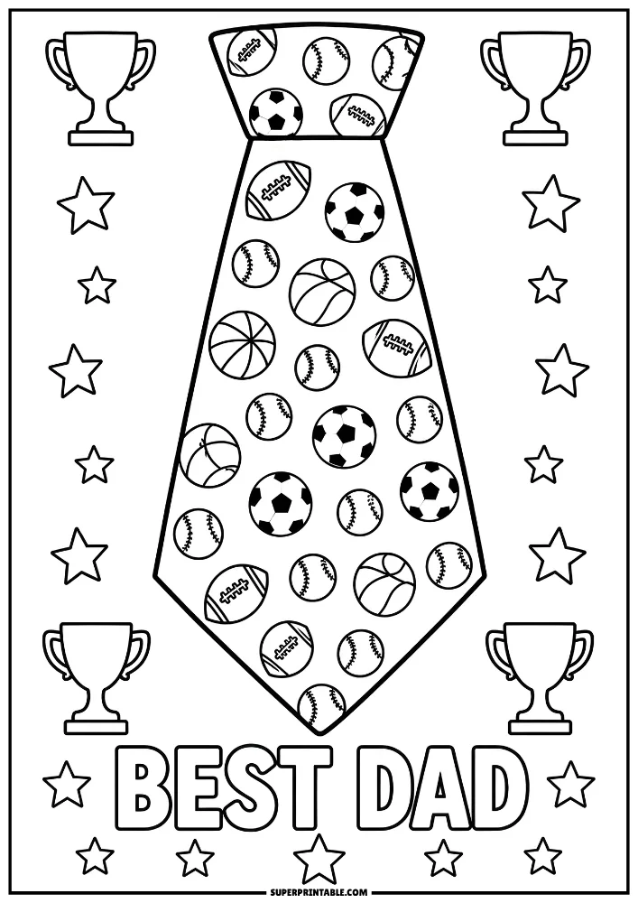 Tie covered with sports balls, trophies, stars, and Best Dad text.