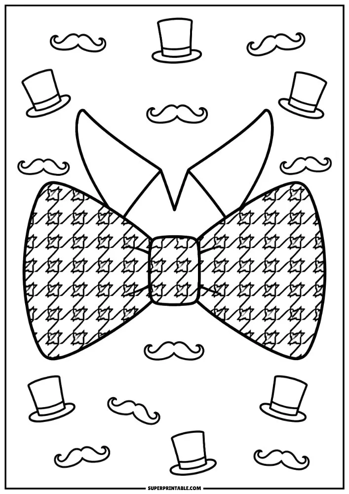 Patterned bow tie with mustaches and top hats on a simple background.