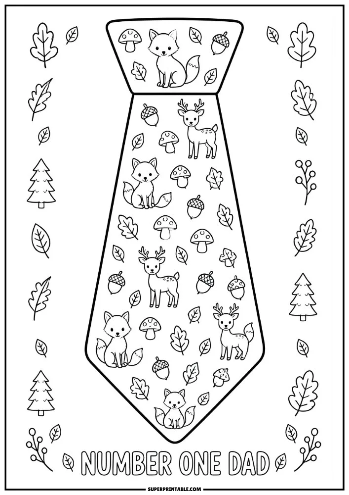 Woodland tie with foxes, deer, acorns, leaves, mushrooms, and Number One Dad text.