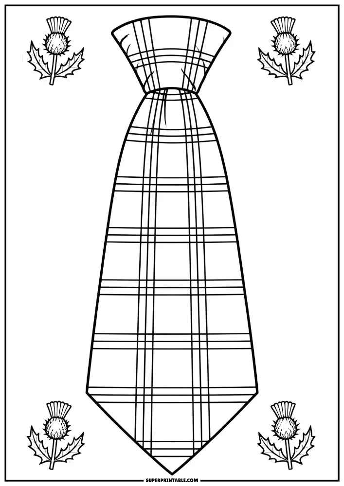 Plaid necktie with tartan pattern and thistle flowers in the corners.