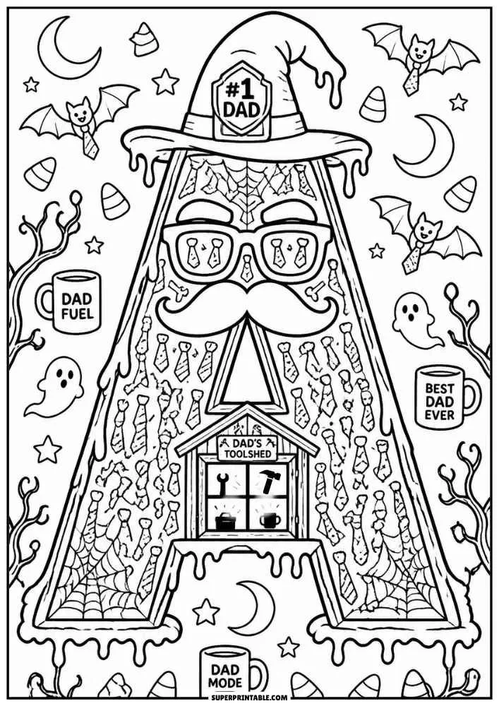 Letter A with witch hat, mustache, bats, ghosts, candy corn, dad mugs, and a small toolshed.