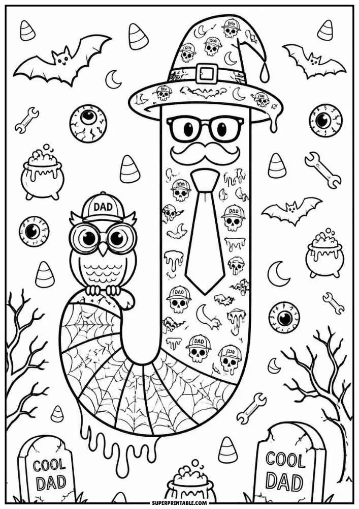 Letter J with witch hat, mustache, owl, skulls, bats, and candy corn.