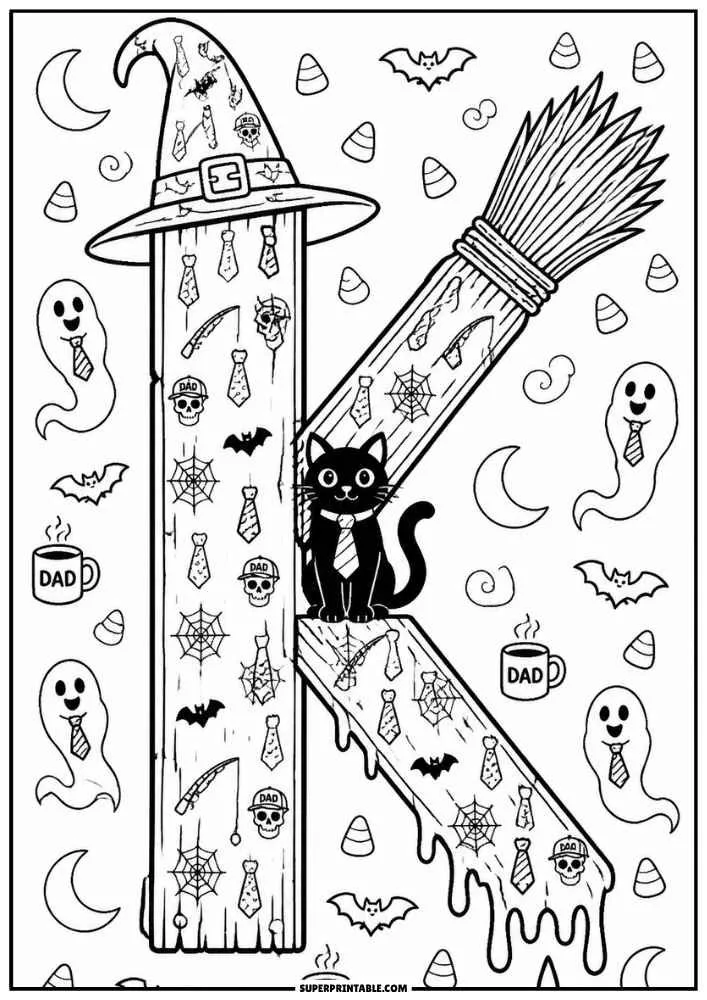 Letter K with black cat, broom, ghosts, bats, and Halloween decorations.