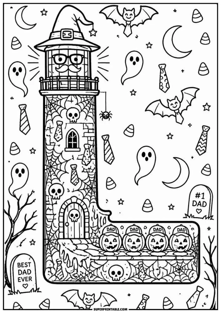 Letter L as a spooky tower with pumpkins, skulls, ghosts, and bats.