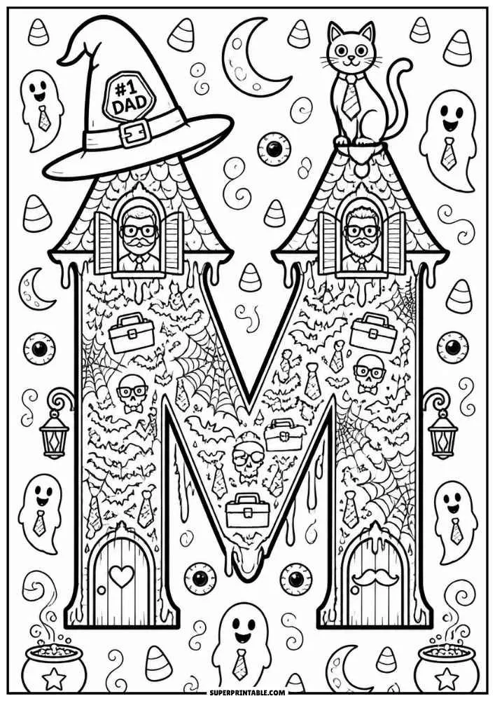Letter M shaped like haunted houses with cat, bats, ghosts, and lanterns.