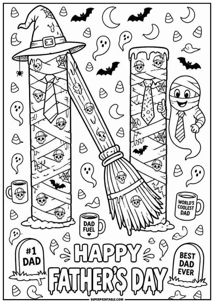 Letter N with broom, ghosts, bats, candy corn, and Father's Day text.