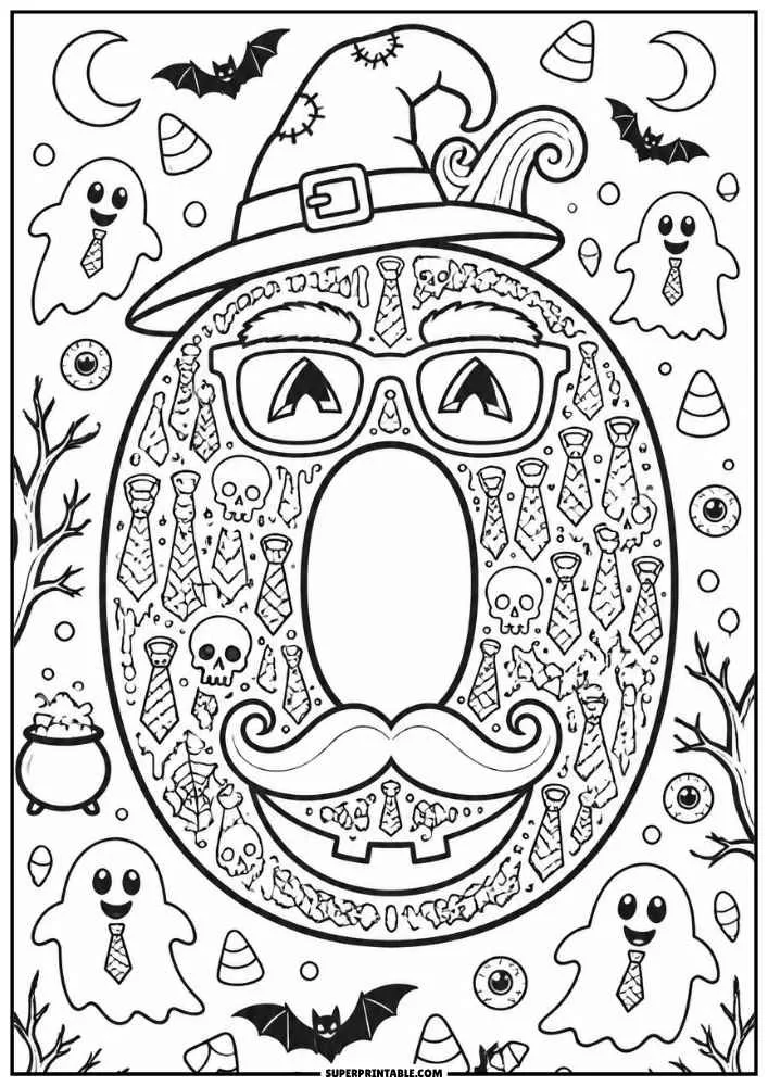 Letter O with glasses, mustache, skulls, ghosts, bats, and candy corn.