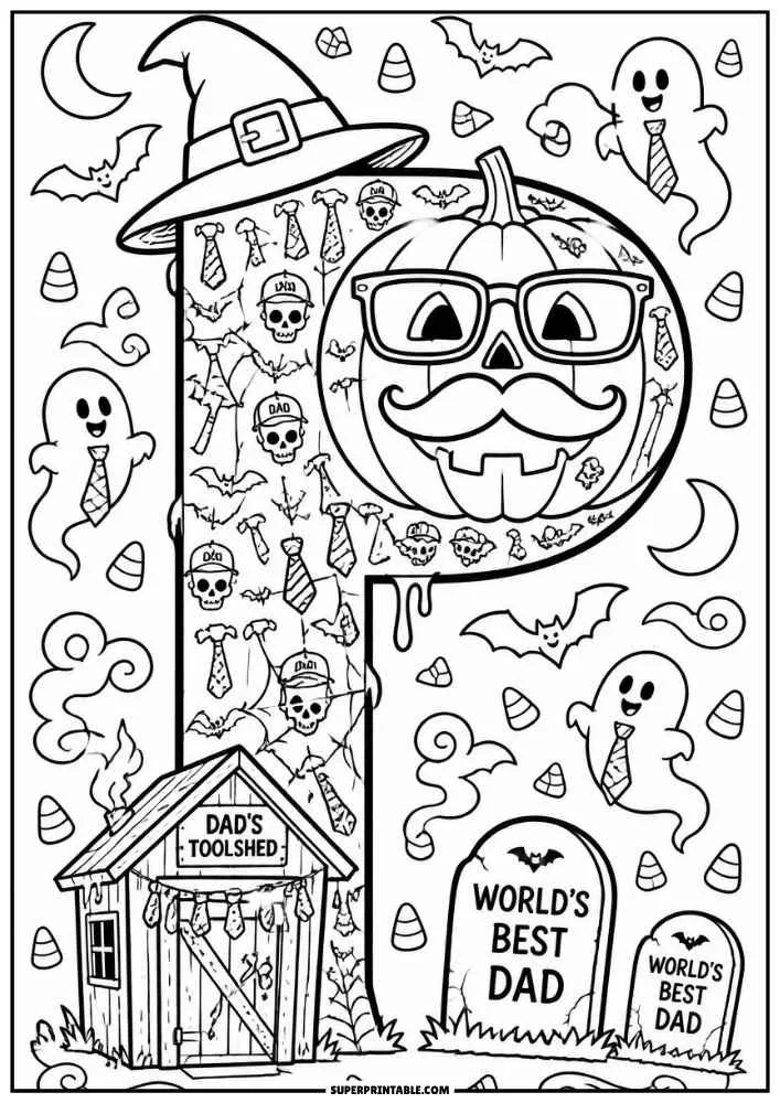 Letter P with pumpkin face, dad toolshed, bats, ghosts, and candy corn.