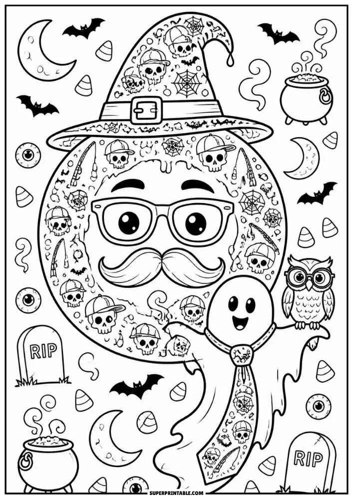 Letter Q with smiling ghost, owl, bats, witch hat, and skull decorations.
