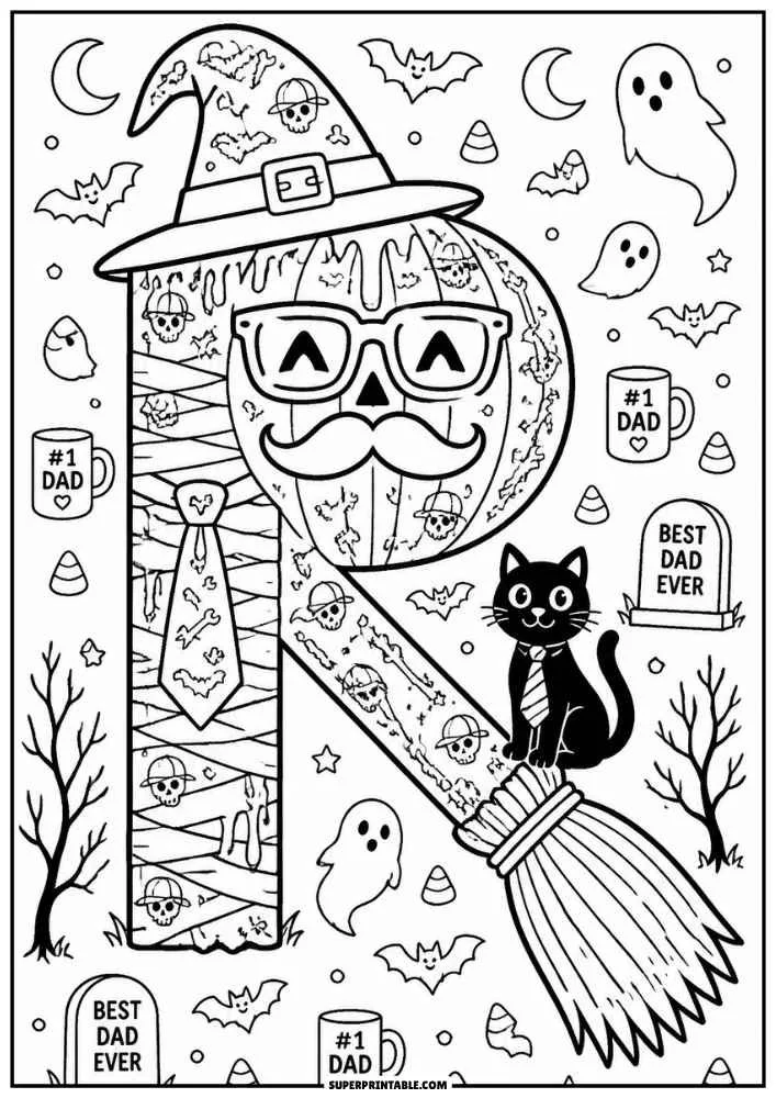 Letter R with broom, black cat, mustache, glasses, ghosts, and bats.