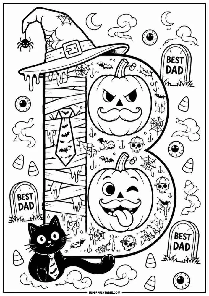 Letter B with pumpkin faces, black cat, witch hat, spiderwebs, and Best Dad signs.