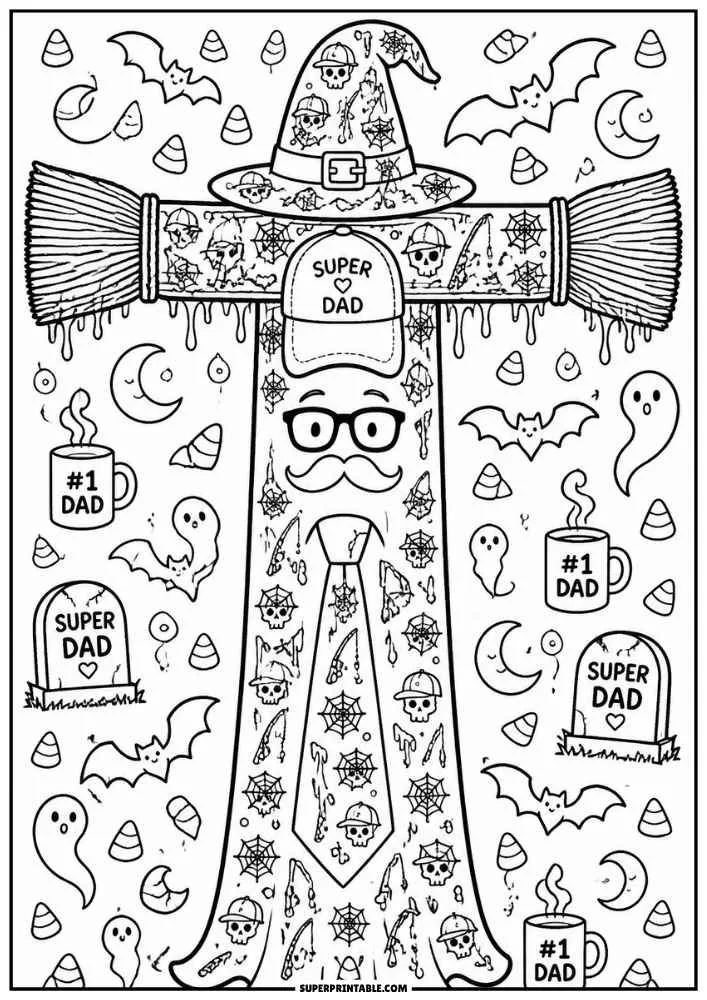 Letter T with glasses, mustache, cap, broomsticks, ghosts, bats, and dad mugs.