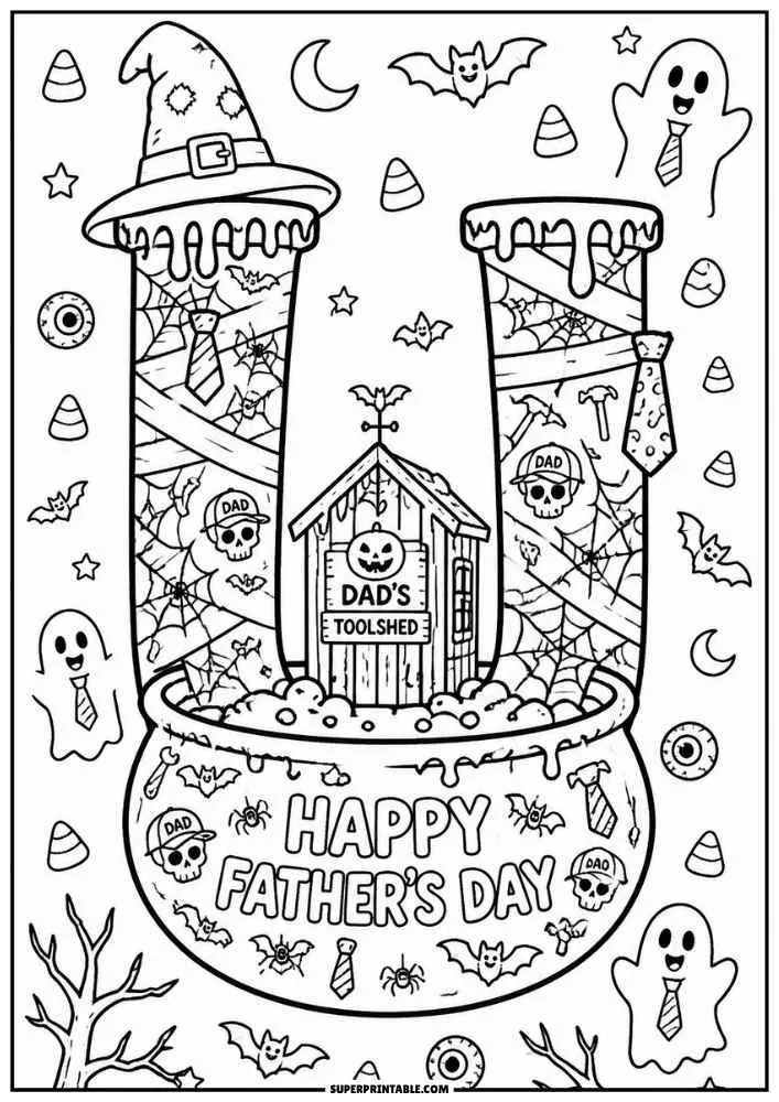 Letter U in a cauldron with dad toolshed, ghosts, bats, candy corn, and Happy Father's Day text.