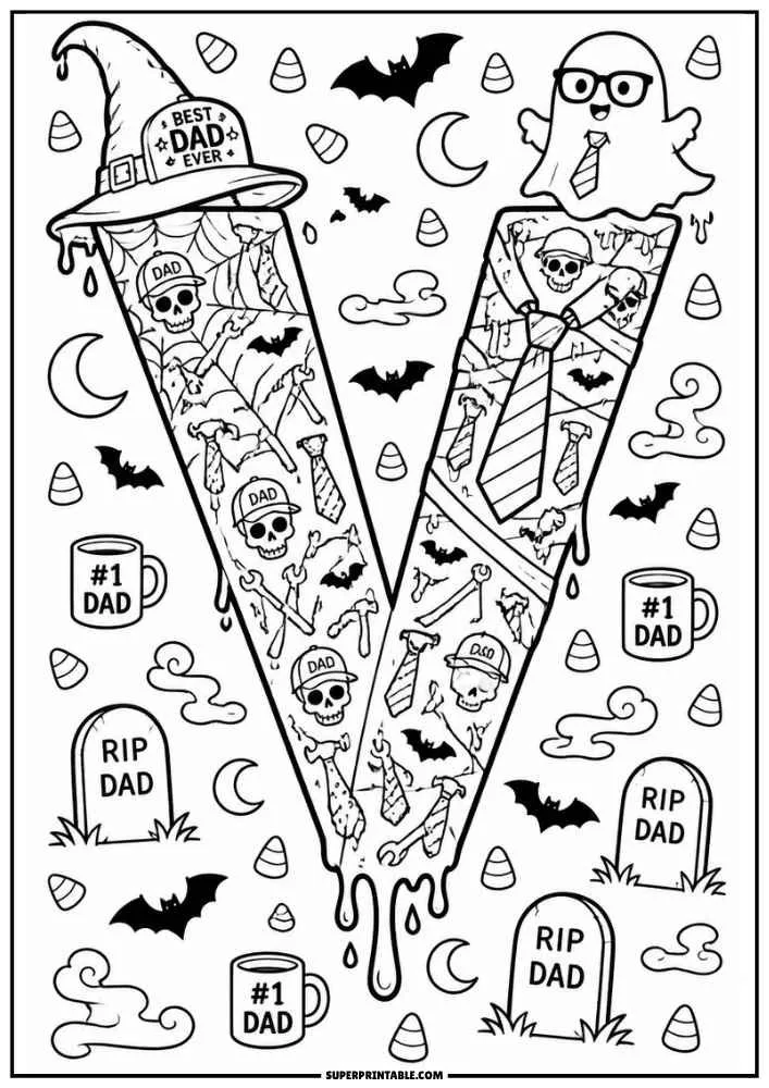 Letter V with ghost, witch hat, bats, dad mugs, candy corn, and Halloween details.