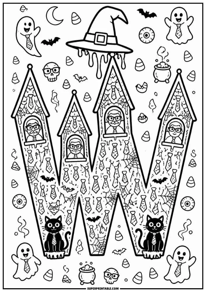 Letter W shaped like a mansion with black cats, dads in windows, ghosts, and bats.