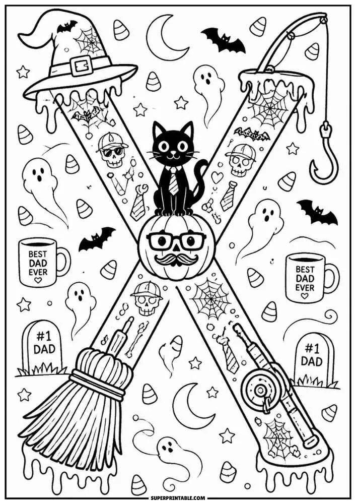Letter X with black cat, pumpkin face, broom, ghosts, bats, and dad-themed signs.