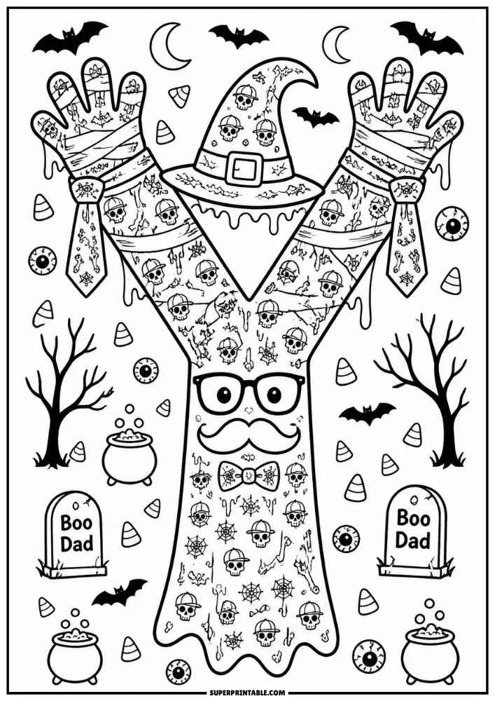 Letter Y with monster hands, glasses, mustache, bats, cauldrons, and Boo Dad signs.