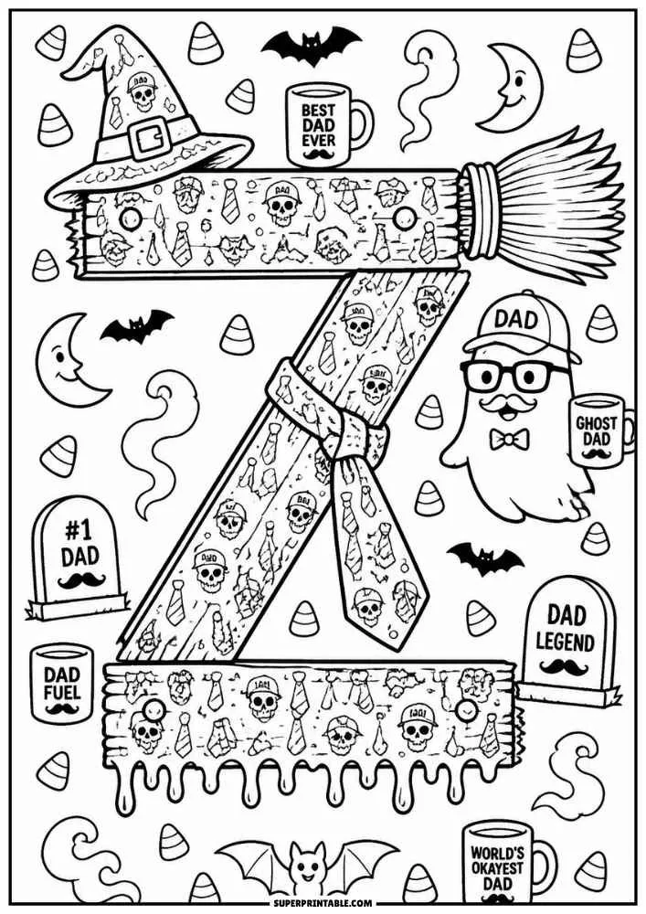 Letter Z with broom, ghost dad, bats, candy corn, dad mugs, and Father's Day signs.