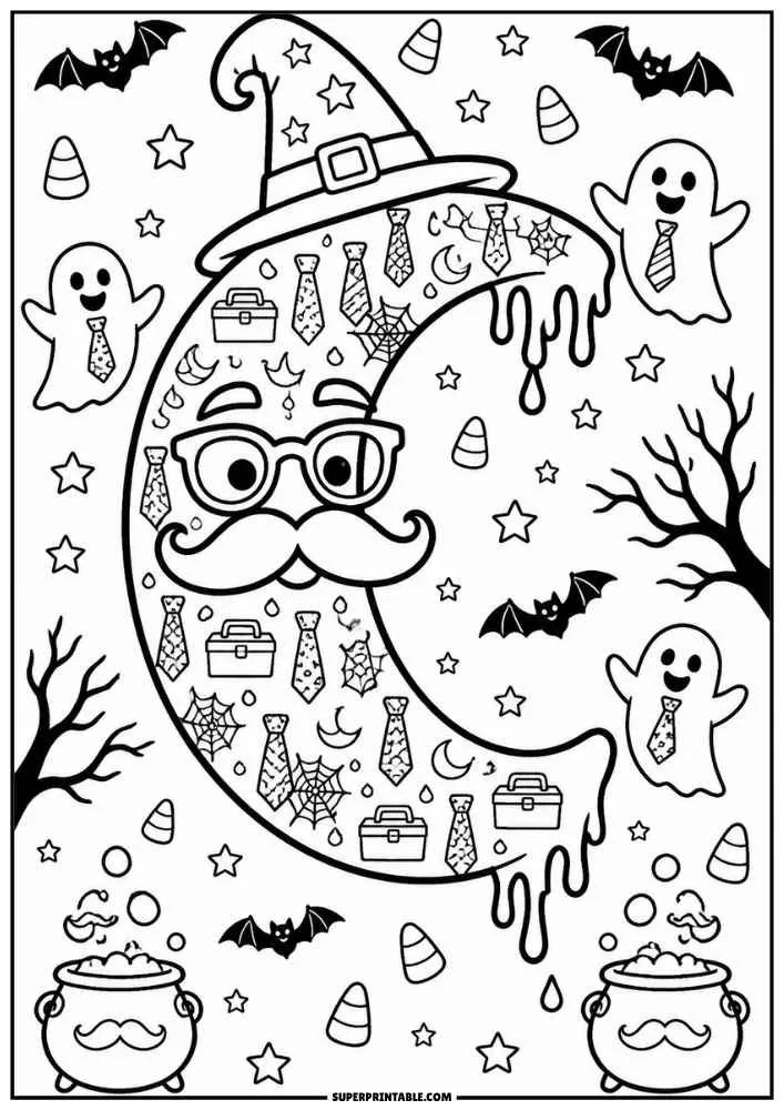 Letter C with glasses, mustache, witch hat, toolboxes, bats, stars, and cauldrons.