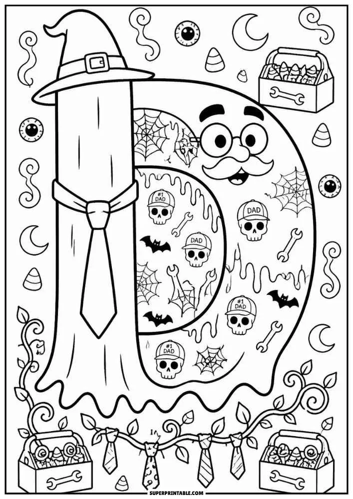 Letter D with tie, tools, skulls, spiderwebs, candy corn, and witch hat.