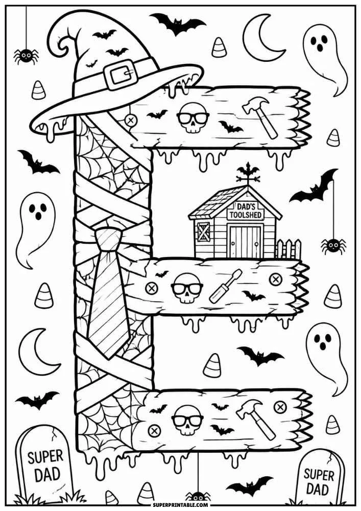 Wooden letter E with dad toolshed, bats, ghosts, candy corn, and witch hat.
