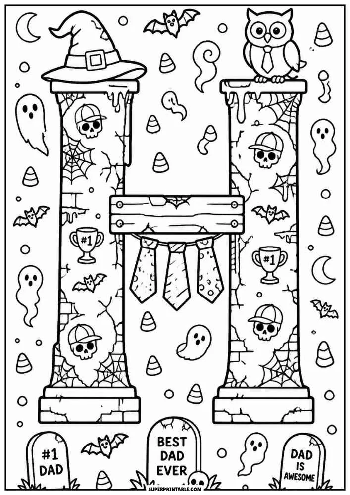 Letter H made of columns with owl, skulls, ghosts, bats, and spiderwebs.
