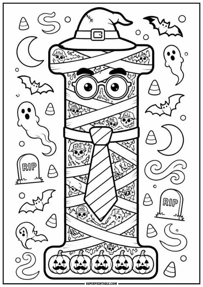 Mummy-style letter I with glasses, tie, pumpkins, bats, and ghosts.